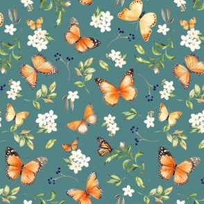 Monarch Butterflies Sm – Orange Butterfly Fabric, Garden Floral, Flowers & Butterflies Fabric (dusty teal)