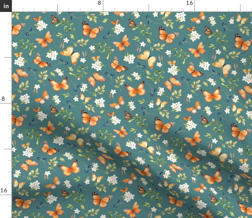 Monarch Butterflies Sm – Orange Butterfly Fabric, Garden Floral, Flowers & Butterflies Fabric (dusty teal)