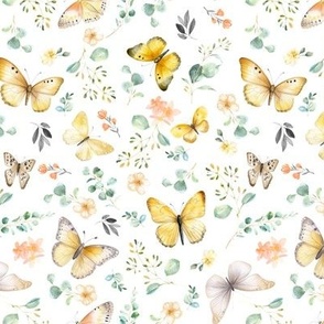 Butterflies Sm – Yellow Butterfly Fabric, Garden Floral, Flowers & Butterflies Fabric (white)