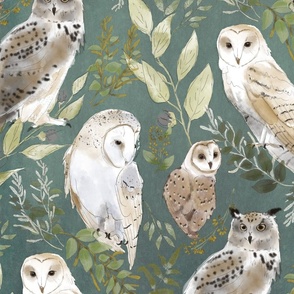 Owl Forest- on medium gray with teal textured background ( large scale)