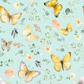 Butterflies Lg – Yellow Butterfly Fabric, Garden Floral, Flowers & Butterflies Fabric (baby green)