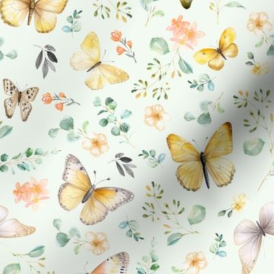 Butterflies Md – Yellow Butterfly Fabric, Garden Floral, Flowers & Butterflies Fabric (celery)