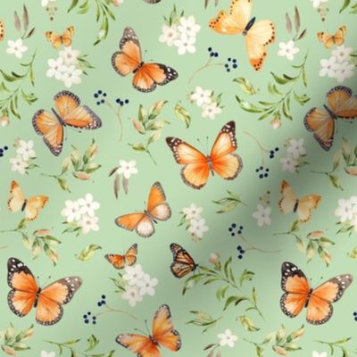 Monarch Butterflies Sm – Orange Butterfly Fabric, Garden Floral, Flowers & Butterflies Fabric (pistachio)