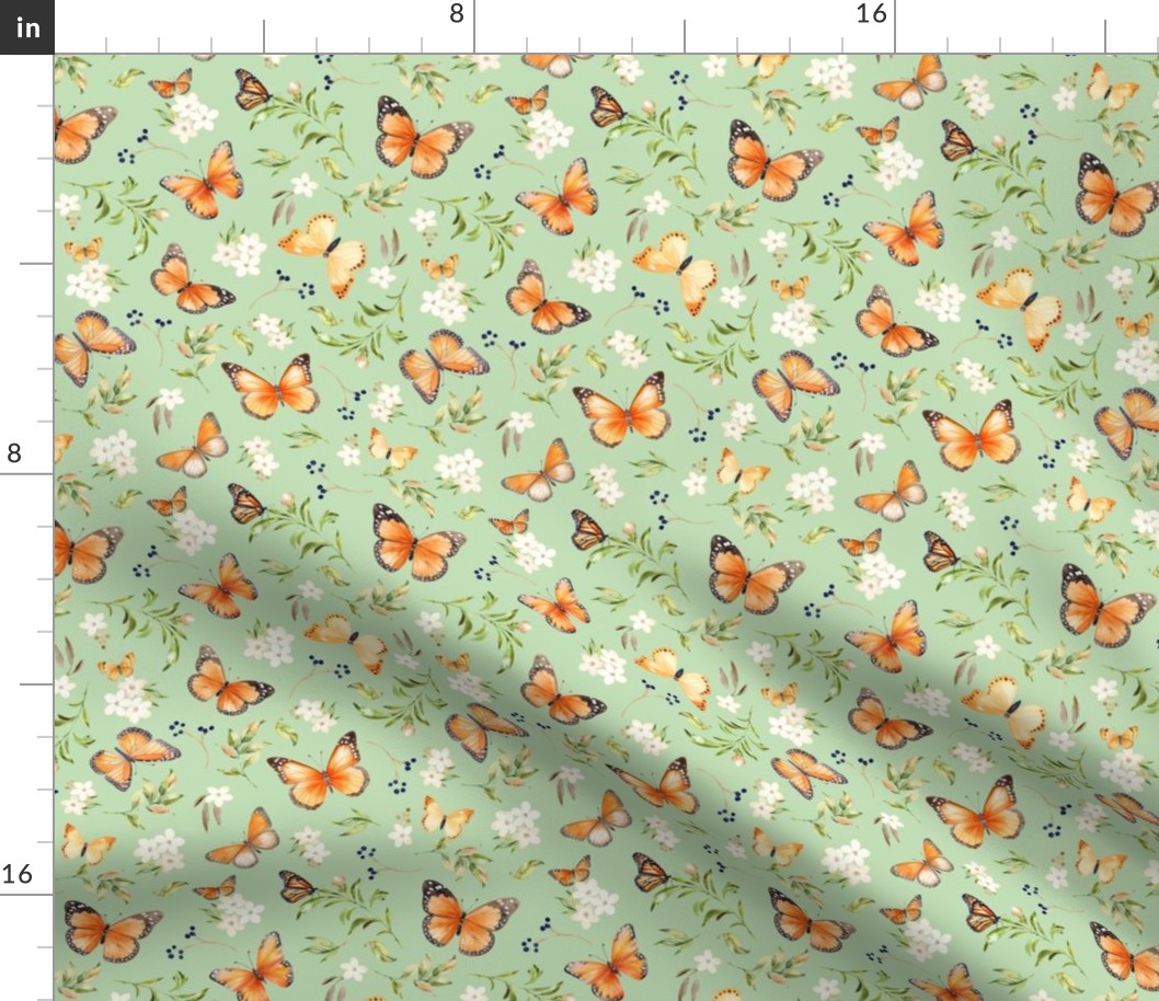 Monarch Butterflies Sm – Orange Butterfly Fabric, Garden Floral, Flowers & Butterflies Fabric (pistachio)