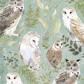 Owl Forest-on light tan with teal texture (large scale)