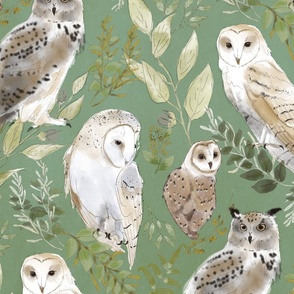 Owl Forest - on green and weathered teal background (large scale)