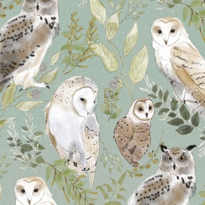 Owl Forest -on light gray with weathered teal and white texture ( large scale)