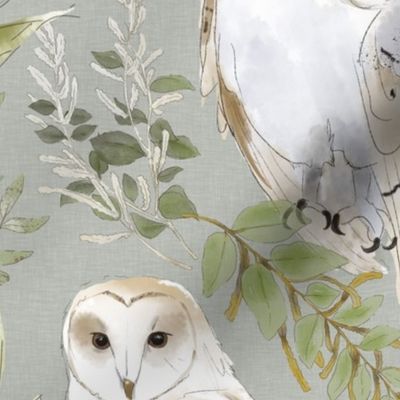 Owl Forest-on light gray with white linen texture (large scale)