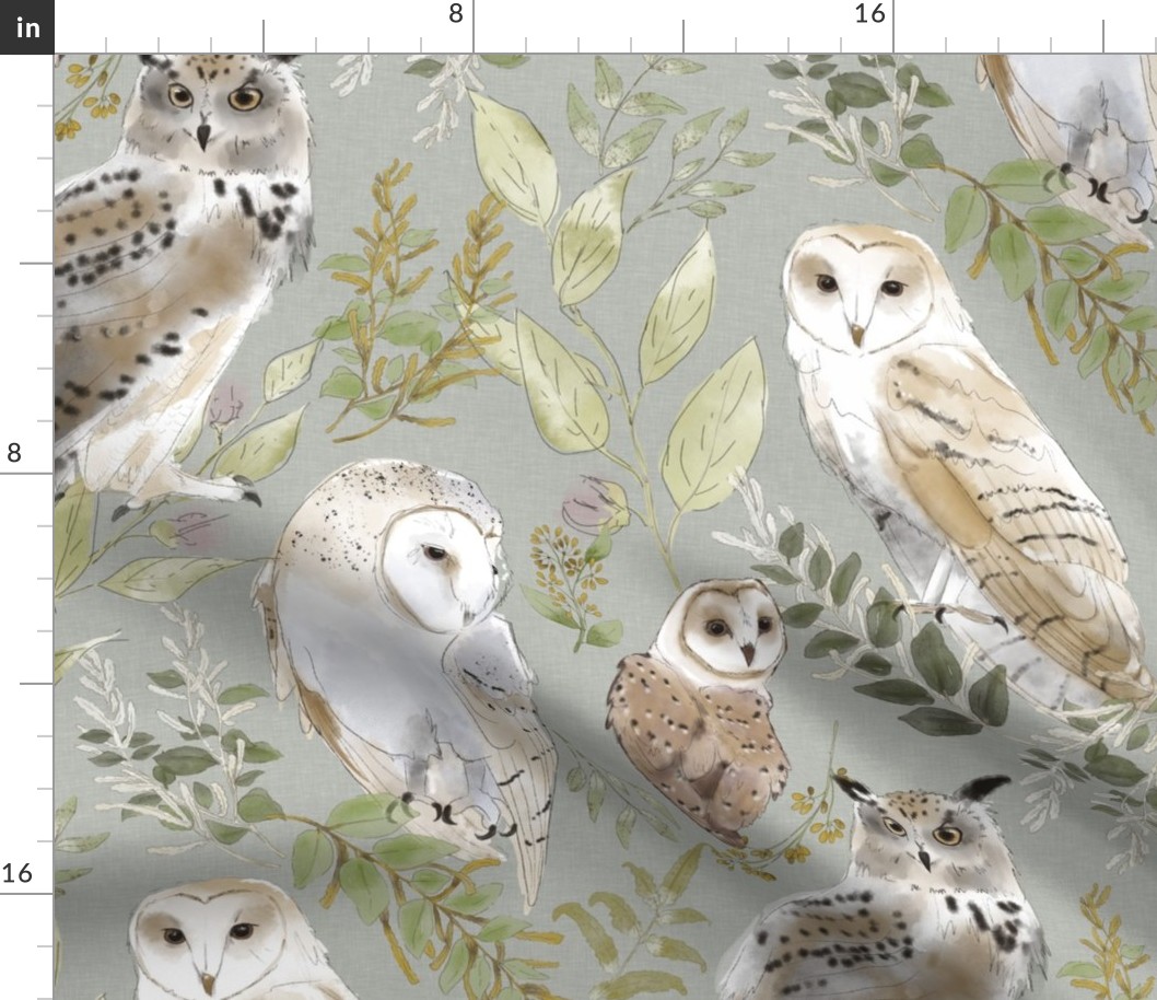 Owl Forest-on light gray with white linen texture (large scale)