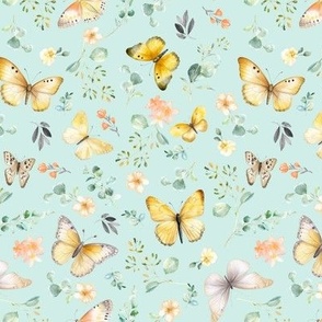 Butterflies Sm – Yellow Butterfly Fabric, Garden Floral, Flowers & Butterflies Fabric (baby green)