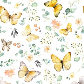 Butterflies Lg – Yellow Butterfly Fabric, Garden Floral, Flowers & Butterflies Fabric (white)