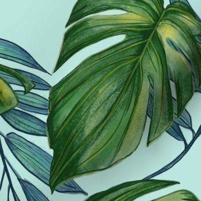 Monstera and Palm frond - green on seaglass