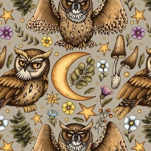 Night magic owls on beige