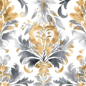 Watercolor Damask in Gold and Grey