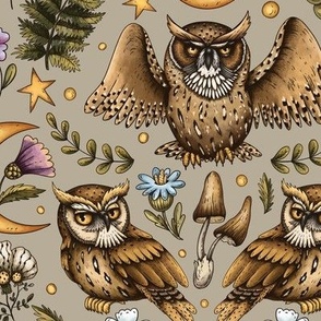 Symmetric magic owl with moon and mushroom on beige