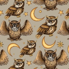 Vintage magic owl with moon and stars on beige