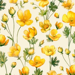 Ranunculus Buttercup Ditsy Flower Watercolor Pattern Yellow 