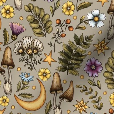 Vintage forest mushrooms and flowers on beige