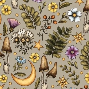 Vintage forest mushrooms and flowers on beige