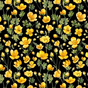 Ranunculus Buttercup Ditsy Flower Watercolor Pattern Yellow Black Smaller Scale
