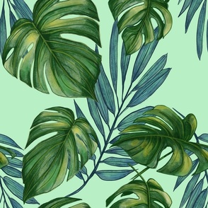 Monstera and Palm fronds - green on celery