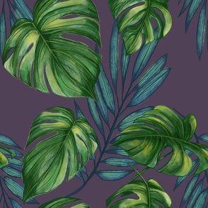 Monstera and Palm fronds - green on purple