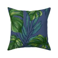 Monstera and Palm fronds - green on blue