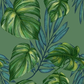 Monstera and Palm fronds  - green on green