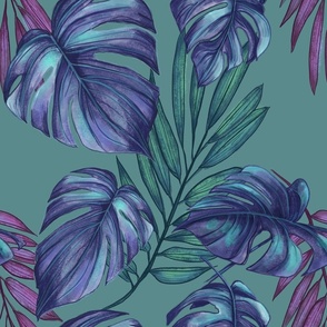 Monstera and Palm fronds - blue leaves on teal