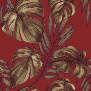 Monstera and Palm Fronds Gold leaves on red