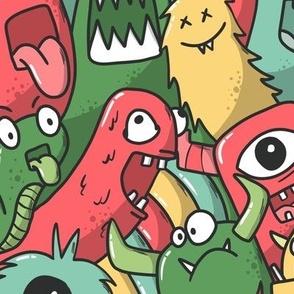 cute monsters - green, orange, red