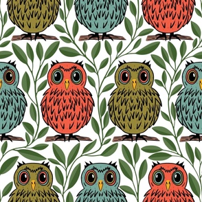 Modern Owls Perched on Branches among Leaves and Vines - Extra Large 24x24