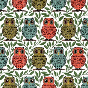 Modern Owls Perched on Branches among Leaves and Vines - Large