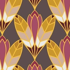 Deco Bloom | Noir Golden Current2 - Gilded Gold, Berry, Raspberry, Crimson, Burgundy, Dark Grey - Moody Art Deco Gatsby 1920 Muted Multicolor Lotus Flower Feather Bold Ornamental Dining Office Bedroom Flair Drama Flamboyant Ritzy 