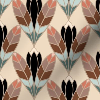 Deco Bloom | Noir Desert Sand - Black and Tan, Coral - Mucha Muted Multicolor Lotus Flower Feather Bold Ornamental 