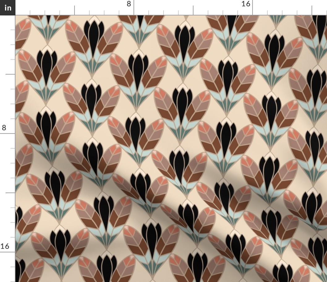 Deco Bloom | Noir Desert Sand - Black and Tan, Coral - Mucha Muted Multicolor Lotus Flower Feather Bold Ornamental 