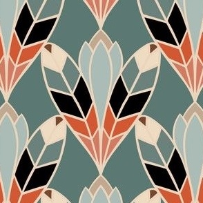 Deco Bloom | Noir Teal - Sage Green, Sage and Black, Coral, Seafoam - Mucha Muted Multicolor Lotus Flower Feather Bold Ornamental Dining