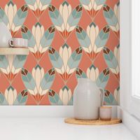 Deco Bloom | Nouveau Apricot Sunset- Amber, Carnelian, Coral, Teal - Southwest Desert Arizona Tribal Mucha Muted Multicolor Lotus Flower Feather Bold Ornamental Dining