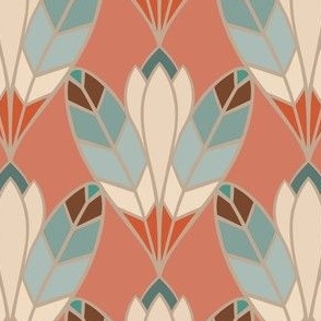 Deco Bloom | Nouveau Apricot Sunset- Amber, Carnelian, Coral, Teal - Southwest Desert Arizona Tribal Mucha Muted Multicolor Lotus Flower Feather Bold Ornamental Dining