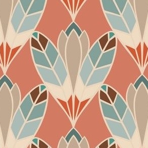 Deco Bloom | Nouveau Apricot Sunset2 - Amber, Carnelian, Coral, Teal - Southwest Desert Arizona Tribal Mucha Muted Multicolor Lotus Flower Feather Bold Ornamental Dining