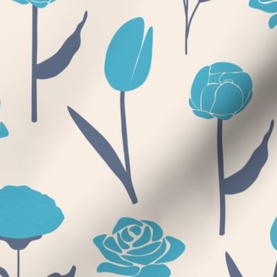 Cyan Blue Tulip, Carnation, Rose & Peony Flowers on Linen White