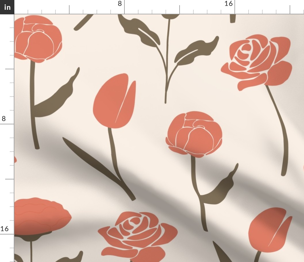Coral Pink Tulip, Carnation, Rose & Peony Flowers on Linen White