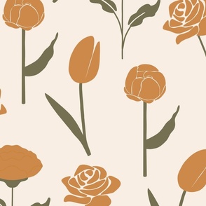 Golden Yellow Tulip, Carnation, Rose & Peony Flowers on Linen White