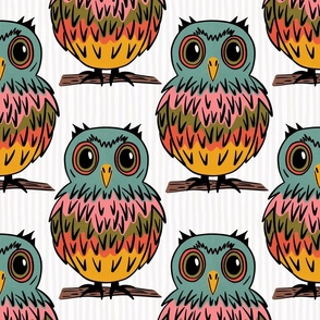 Colorful Owls Repeated on an Off White Striped Background - Large