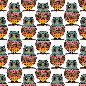 Colorful Owls Repeated on an Off White Striped Background - Medium