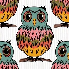 Colorful Barn Owls Repeated on an Off White Striped Background - Medium - 6x6