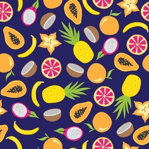 Medium Tropical Fruit Party on Dark Blue Indigo Navy with Pineapple Papaya Coconut