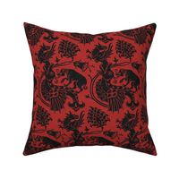 Dragons and Griffins and Hounds, black on madder-root red