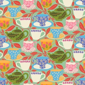 Colorful Mixed Teacups and Red Leaves on a Light Green Background - Medium