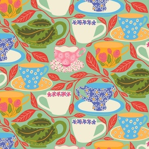Colorful Mixed Teacups and Red Leaves on a Light Green Background - Large